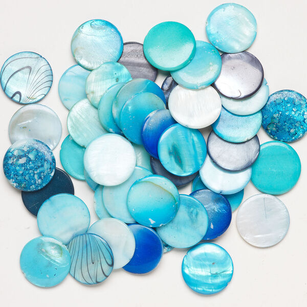 Mother-of-pearl shell 1pkg6oz, puffed flat round bead mix multi-blue 24-25mm image number 1