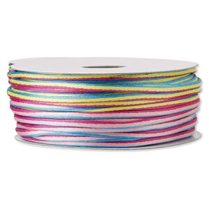 Cord, Satinique&trade;, nylon, blue / pinks / yellow, 2mm regular with vertical stripe. Sold per 100-foot spool.
