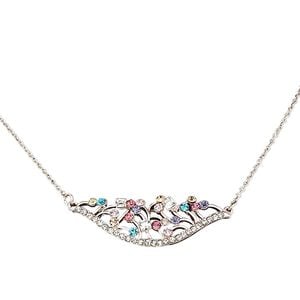 Necklace, glass rhinestone / rose gold-coated plastic / rose gold-finished steel / "pewter" (zinc-based alloy), multicolored, 50x16mm nest, 16 inches with 2-1/2 inch extender chain and lobster claw clasp. Sold individually.