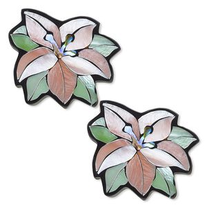 Component, paua shell / common hammer oyster shell / resin (dyed / assembled), black, 26x21mm single-sided flower and leaves. Sold per pkg of 2.