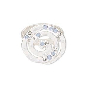 Ring, acrylic rhinestone / glass rhinestone / silver-plated "pewter" (zinc-based alloy), clear and opalescent blue, 23mm matte swirl, size 9. Sold individually.