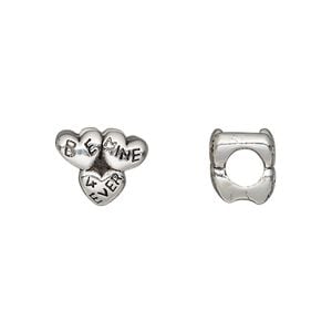 Bead 1pkg1 silver-plated pewter, 12x9mm hearts / "be mine 4 ever" / 2sided, antique Dione&reg;
