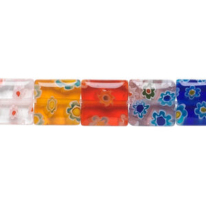 Bead, millefiori glass, multicolored, 10mm flat square. Sold per 15-1/2" to 16" strand.