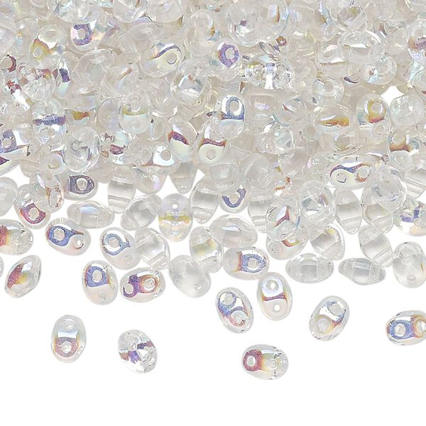 Bead, Preciosa Twin&trade;, Pressed Twin, Czech pressed glass, translucent clear AB, 5x2.5mm oval with 2 holes. Sold per 10-gram pkg. image number 0