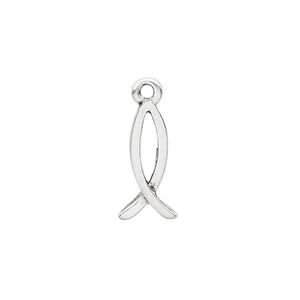Drop, antique silver-plated "pewter" (zinc-based alloy), 17x8mm double-sided Christian fish. Sold per pkg of 20.