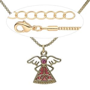 Necklace, Everyday Jewelry&trade;, gold-finished "pewter" (zinc-based alloy) and brass / crystal / enamel, rose and pink, 24x19mm angel, 18 inches with lobster claw clasp. Sold individually.
