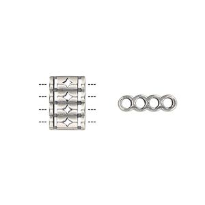 Spacer, antique silver-plated brass, 12.5x8.5mm double-sided 4-strand quadruple round tube with diamond cutout design, fits up to 2mm bead. Sold individually.