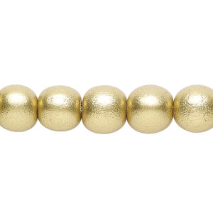 Bead 1pkg1, Taiwanese cheesewood (coated), painted metallic yellow gold, 9-10mm round, 15-1/2 to 16 inches.