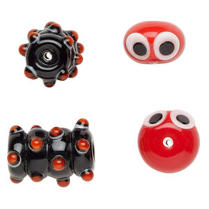 Bead, lampworked glass 2pkg2, multicolored, 17x12mm/24x18mm caterpillar head and body.