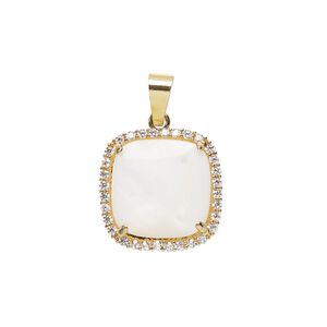 Pendant, glass rhinestone / mother-of-pearl shell / gold-finished brass 1pkg1, clear and white, 17mm single-sided square.