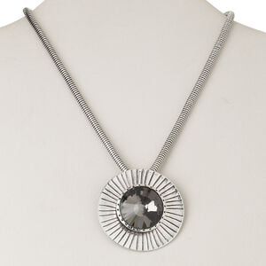 Necklace, Czech glass rhinestone and antiqued silver-finished "pewter" (zinc-based alloy) and steel and/or brass, smoky grey, 51mm flat round with 26mm faceted round, 16 inches with lobster claw clasp and 3-1/2 inch extender chain. Sold individually.