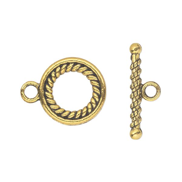 Clasp toggle 1pkg10 "pewter" (zinc alloy), 16mm double-sided round, antique gold-finished 1-strand image number 0