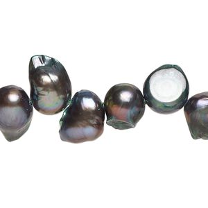 Pearl, cultured freshwater (dyed), gunmetal green, 9x7mm-17x10mm baroque with 0.4mm hole, D grade, Mohs hardness 2-1/2 to 4. Sold per 15-inch strand.