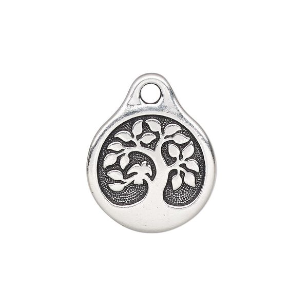 Drop, TierraCast&reg;, antique silver-plated pewter (tin-based alloy), 16mm double-sided round with bird in tree. Sold per pkg of 20. image number 0