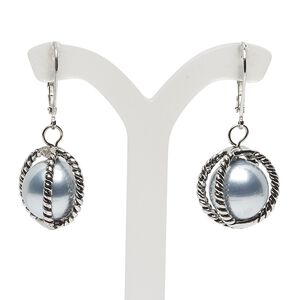 Earring, glass pearl and antique silver-finished "pewter" (zinc-based alloy), 37mm fishhook with 17mm round, 20 gauge. Sold per pair.