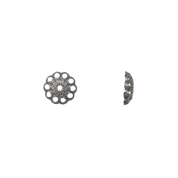 Bead cap, gunmetal-plated brass, stamped, 8x2mm fancy round with cutout diamond pattern, fits 8-10mm bead. Sold per pkg of 100. image number 0