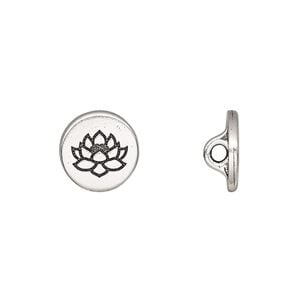 Button, TierraCast&reg;, antique silver-plated pewter (tin-based alloy), 12mm flat round with lotus and loop. Sold per pkg of 2.