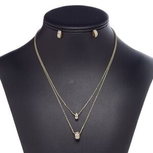 Necklace and earring set, 2-strand, glass rhinestone / gold-finished steel / brass / "pewter" (zinc-based alloy), clear, 8x6mm and 10x6mm oval rondelle, 18-inch necklace with 2-inch extender chain and lobster claw clasp, 11x5mm oval rondelle with post. Sold per set.