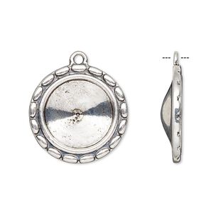 Drop, Almost Instant Jewelry&reg;, antique silver-finished "pewter" (zinc-based alloy), 23mm round with scalloped design and 16mm rivoli setting. Sold per pkg of 6.