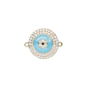 Link, gold-finished brass / cubic zirconia / enamel, clear and blue, 15mm single-sided round. Sold individually.