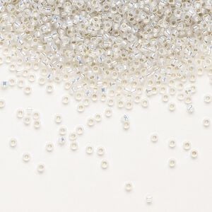 Seed bead, Miyuki, glass, pkg/35g, #15 rocaille, translucent silver-lined opal alabaster base (RR-551).