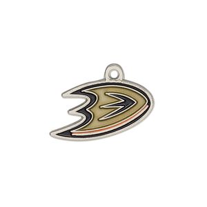 Charm, enamel and chrome-finished "pewter" (zinc-based alloy), black / orange / gold, 24x12mm single-sided NHL&reg; Anaheim Ducks. Sold individually.