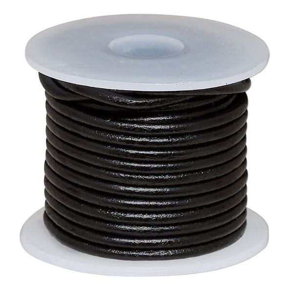Cord, leather (dyed), black, 2mm round. Sold per 5-yard spool. image number 0