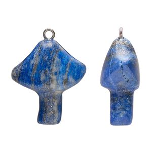 Drop 1pkg1, imitation rhodium-plated brass and lapis lazuli (natural), 25x21.5mm hand-carved mushroom