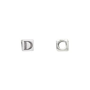 Bead 1pkg1 sterling silver, 5.5mm cube / letter D, antiqued Dione&reg;