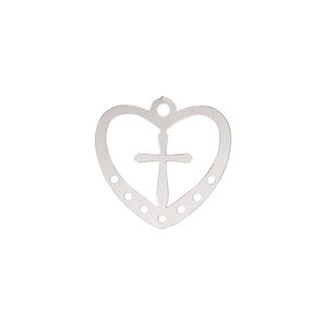 Drop, Lazer Lace&trade;, stainless steel, 18x17mm double-sided open heart with cross and 7 loops. Sold per pkg of 4.