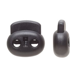 Cord lock, plastic and steel, black, 22 x 21 x 9mm flat oval with (2) holes. Sold per pkg of 10.