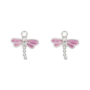 Charm, Preciosa crystal / sterling silver / enamel, purple and crystal clear, 13x11mm single-sided dragonfly. Sold per pkg of 2.