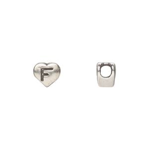 Bead 1pkg1 sterling silver, 7.5x7mm heart / letter F, antiqued Dione&reg;