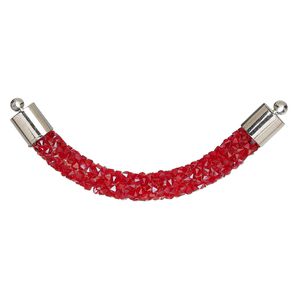 Focal, glass / resin / imitation rhodium-finished brass, red, 60x7mm-64x8mm curved tube. Sold per pkg of 4.