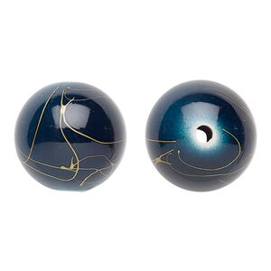 Bead, acrylic, dark blue and gold, 26mm round with swirls. Sold per pkg of 10.