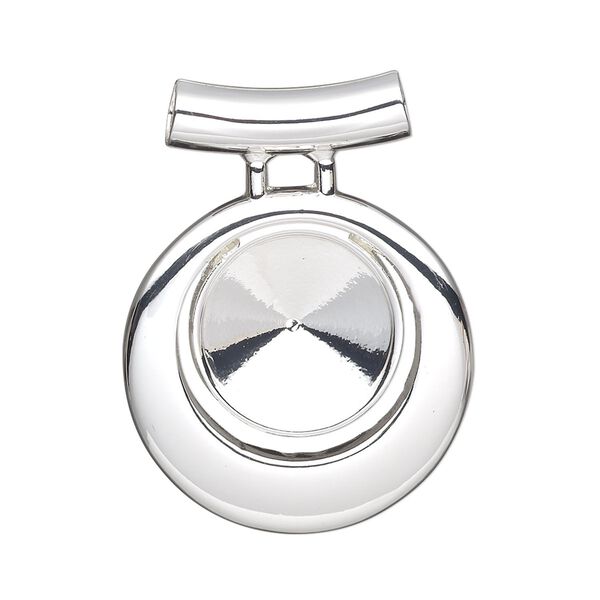 Pendant, Almost Instant Jewelry&reg;, silver-finished "pewter" (zinc-based alloy), 34x26mm single-sided round go-go, 3.5mm hole with 14mm rivoli setting and tube bail. Sold individually. image number 0