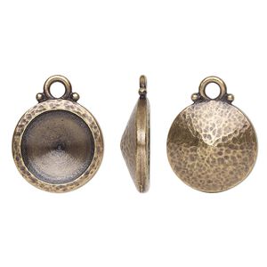 Drop, TierraCast&reg;, Almost Instant Jewelry&reg;, antique brass-plated pewter (tin-based alloy), 15mm hammered round with 12mm rivoli glue-in setting (1122). Sold per pkg of 20.