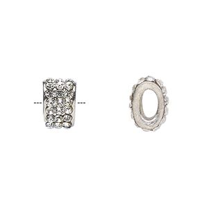 Bead, glass rhinestone and silver-finished "pewter" (zinc-based alloy), clear, 11x7mm oval with 6x3mm hole. Sold individually.