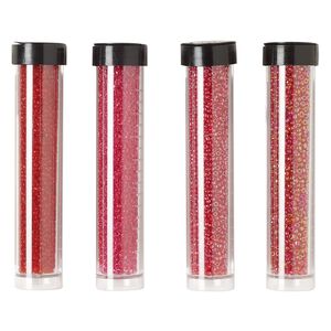 Seed bead assortment, Ming Tree&trade;, glass, pkg/(4) 4 x 3/4 inch vials, #11 round, translucent and transparent rainbow luster red.