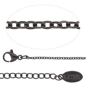 Chain 1pkg1 cable, 1.5mm / lobster claw clasp, black-finished stainless steel 16 inch