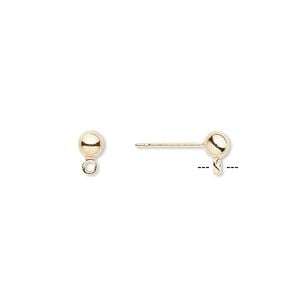 Earstud 1pkg100, 4mm ball / closed loop, gold-finished brass / stainless steel 50 pair