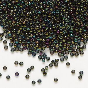 Seed bead, Miyuki, glass, pkg/25g, #11 rocaille, opaque metallic iris forest green (RR-453).