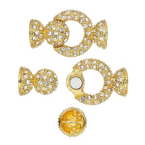 Clasp magnetic 1pkg1 gold-plated "pewter" (zinc alloy), 37x23mm ring / fits 10mm cord, clear rhinestone 1-strand