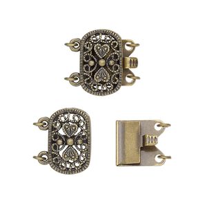 Clasp tab 1pkg2 gold-plated, 14x9mm filigree oval, antique brass 2-strand