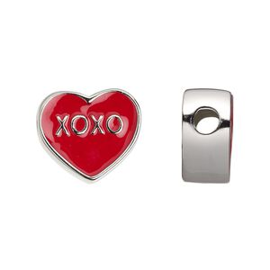 Bead 1pkg1 silver-plated "pewter", 17x16mm flat heart / xoxo / 2sided, enamel red Dione&reg;