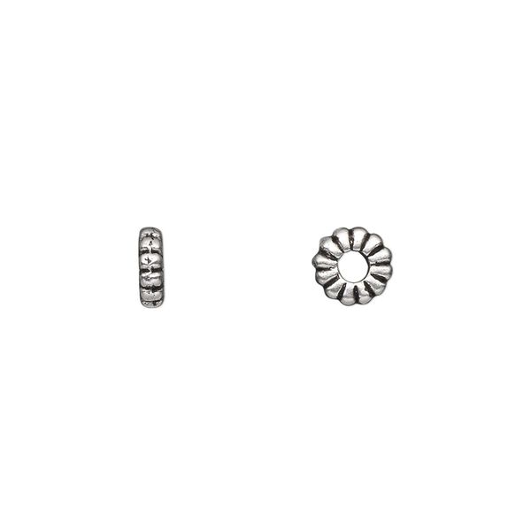Bead 1pkg100 silver-plated "pewter", 7x2mm corrugated rondelle / 2sided, antique image number 0