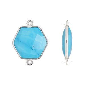 Link, "turquoise" (imitation) resin and sterling silver, blue, 18x17mm-20x18mm hand-cut double-sided faceted hexagon. Sold individually.