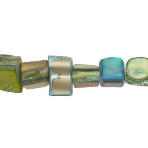 Mother-of-pearl shell 1pkg1, triangle tube bead 14 inch green / blue 6x6mm-12x9mm