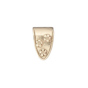 Bail, JBB Findings, fold-over, brass, 15.5x10.5mm shield with flowers, 13mm grip length. Sold individually.