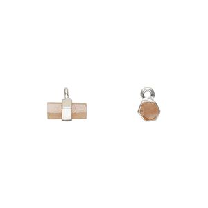 Drop sterling silver peach moonstone 1pk 8x4mm hand-cut double-sided hex, natural
